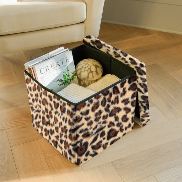 Go-Poufs Knock-Down Medium Cube Faux Fur Storage Ottoman | Leopard | 15"x15"x15 - Picture 1 of 6